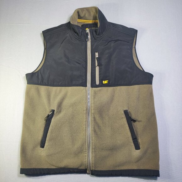CAT Caterpillar fleece vest men's size L army green with black top zip pockets - Picture 1 of 16
